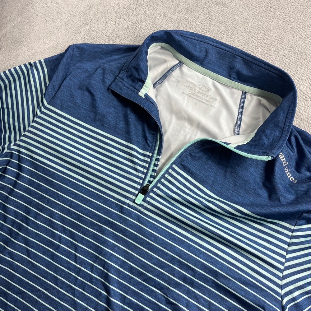 Vineyard Vines Performance Mens Large Blue Striped 1/4 Zip Pullover Golf Shirt